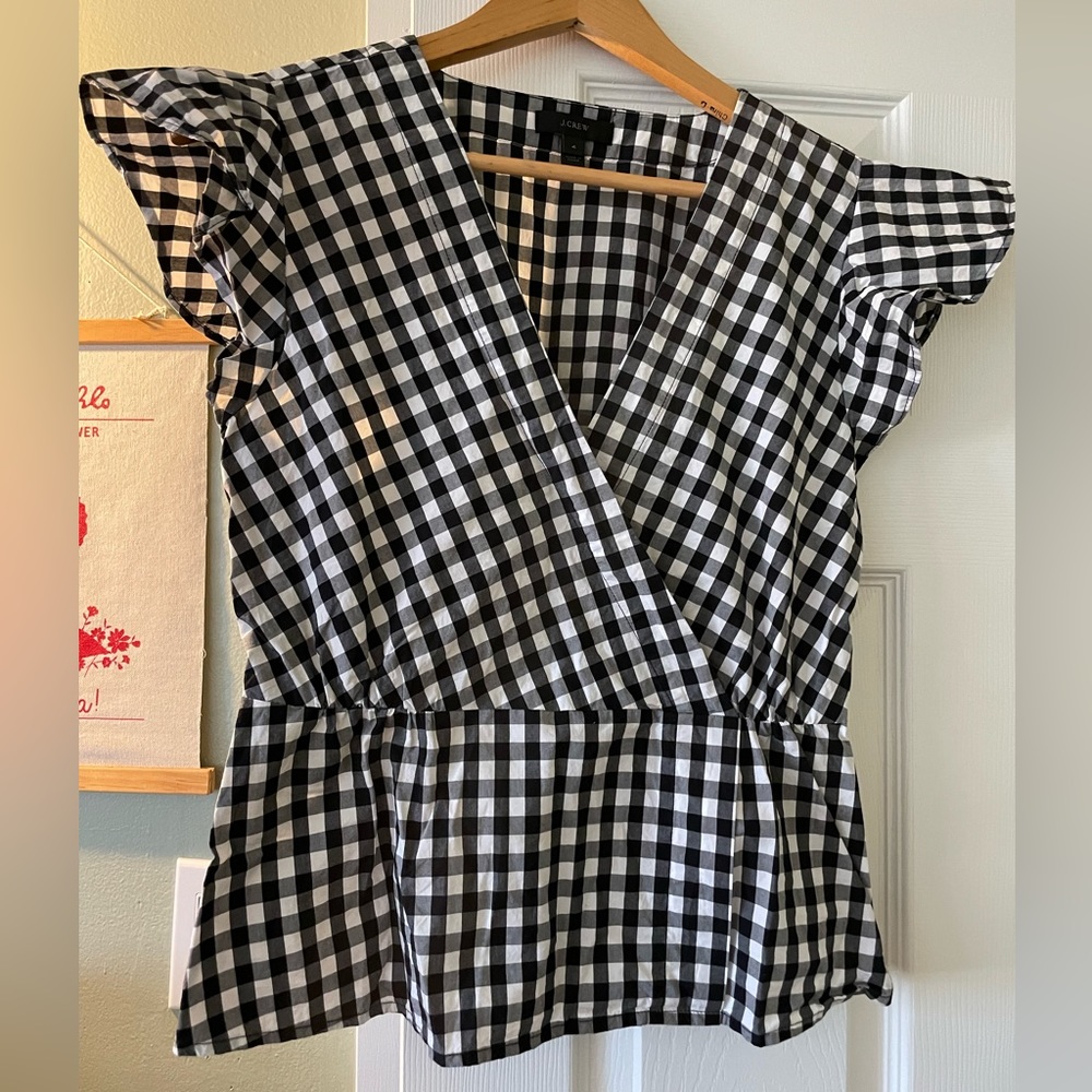 J.Crew black & white gingham check shirt sleeve v-neck blouse Size 4,